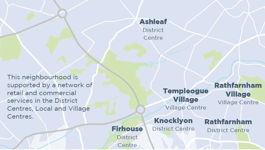 Map of neighbourhood with network of retail and commercial services in the District Centres, Local and Village Centres